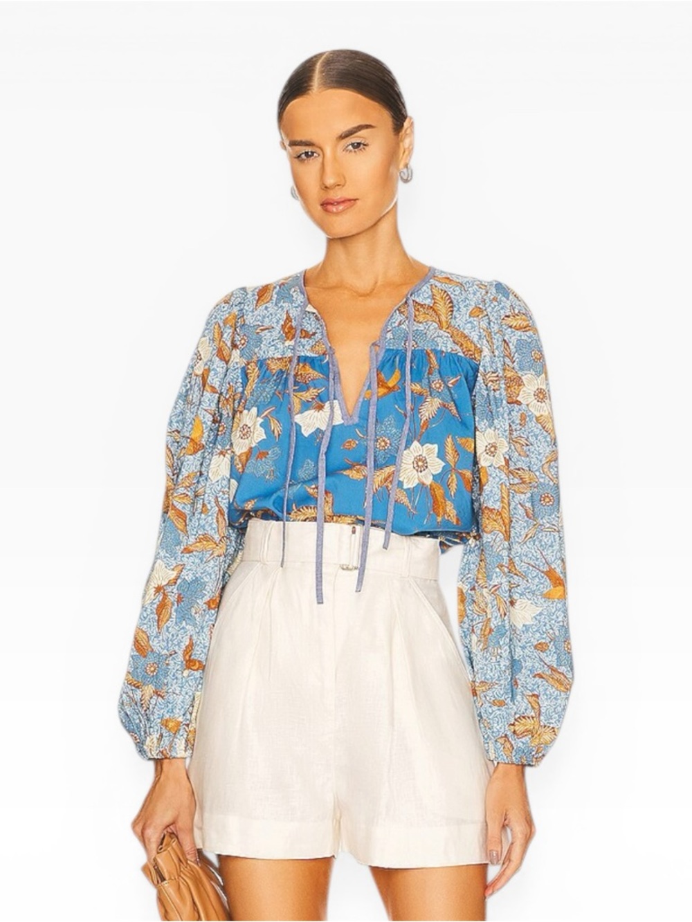 Ulla Johnson Joanie Blouse Lapis Blue Bird Floral Print Puff Sleeve Flowy Top 4